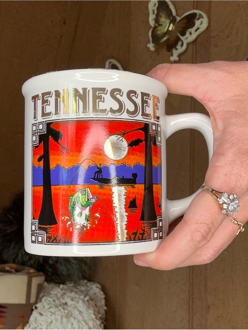 70s/80s Vintage Tennessee Souvenir Mug | Colorful Fishing & Lake Scene | Retro